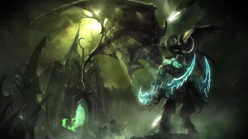 Demon hunter with tattered wings and glowing tattoos holding twin blades before a dark green gothic castle.
