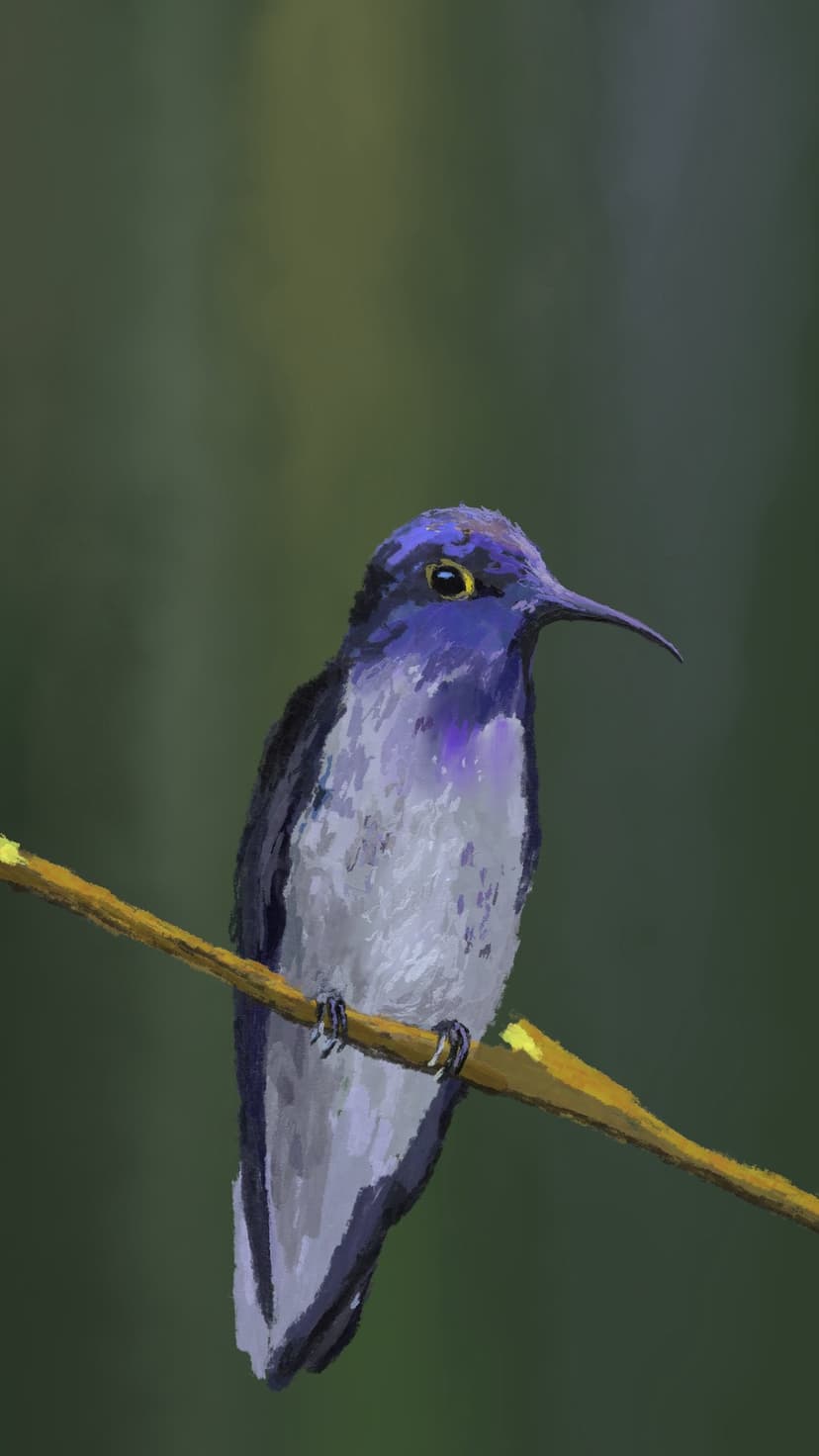 Purple hummingbird with shimmering feathers perched on a thin gold branch against a blurred green background.