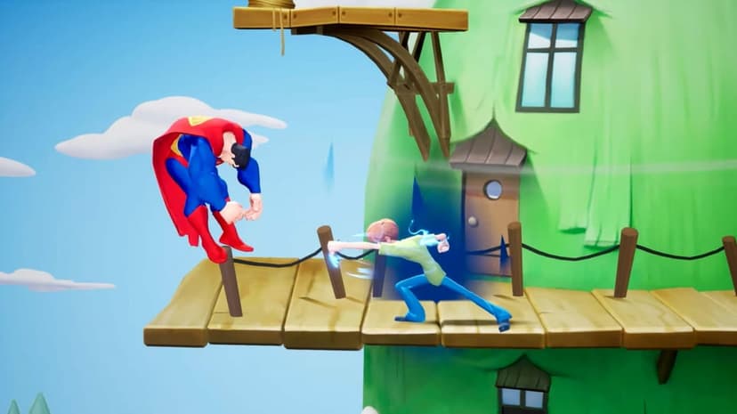 Shaggy punches Superman on a wooden boardwalk outside a large green treehouse under a bright blue sky.