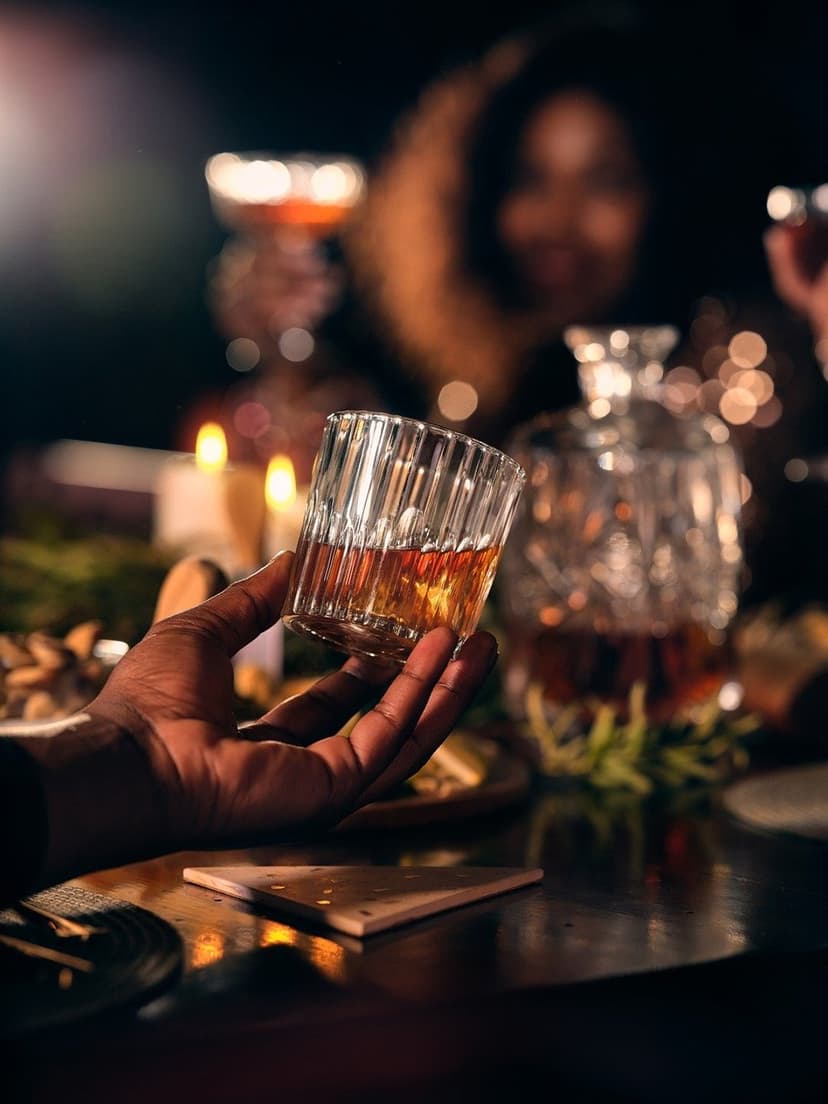 Hand holding a whiskey glass near a crystal decanter and glowing candles in a warm, low-light setting.
