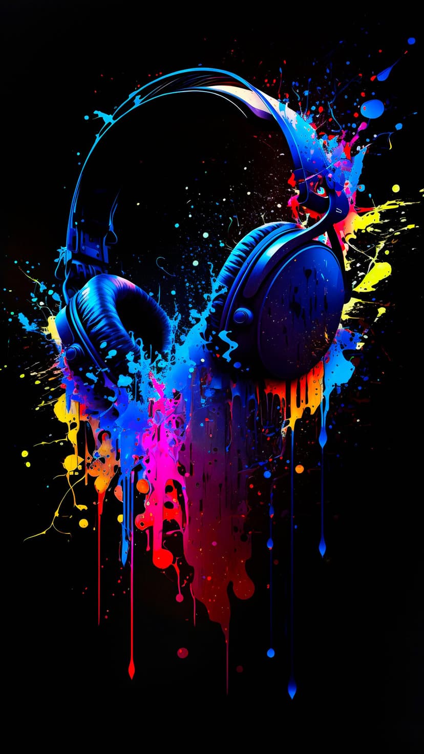 Over-ear headphones surrounded by explosive neon blue and pink paint splatters with liquid dripping effects.