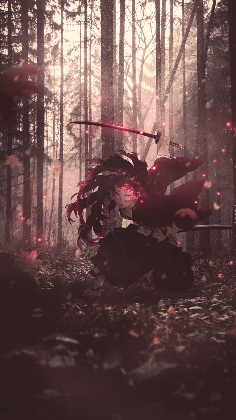 Dark-haired swordsman holds a glowing red katana in a rainy forest with falling leaves and glowing particles.