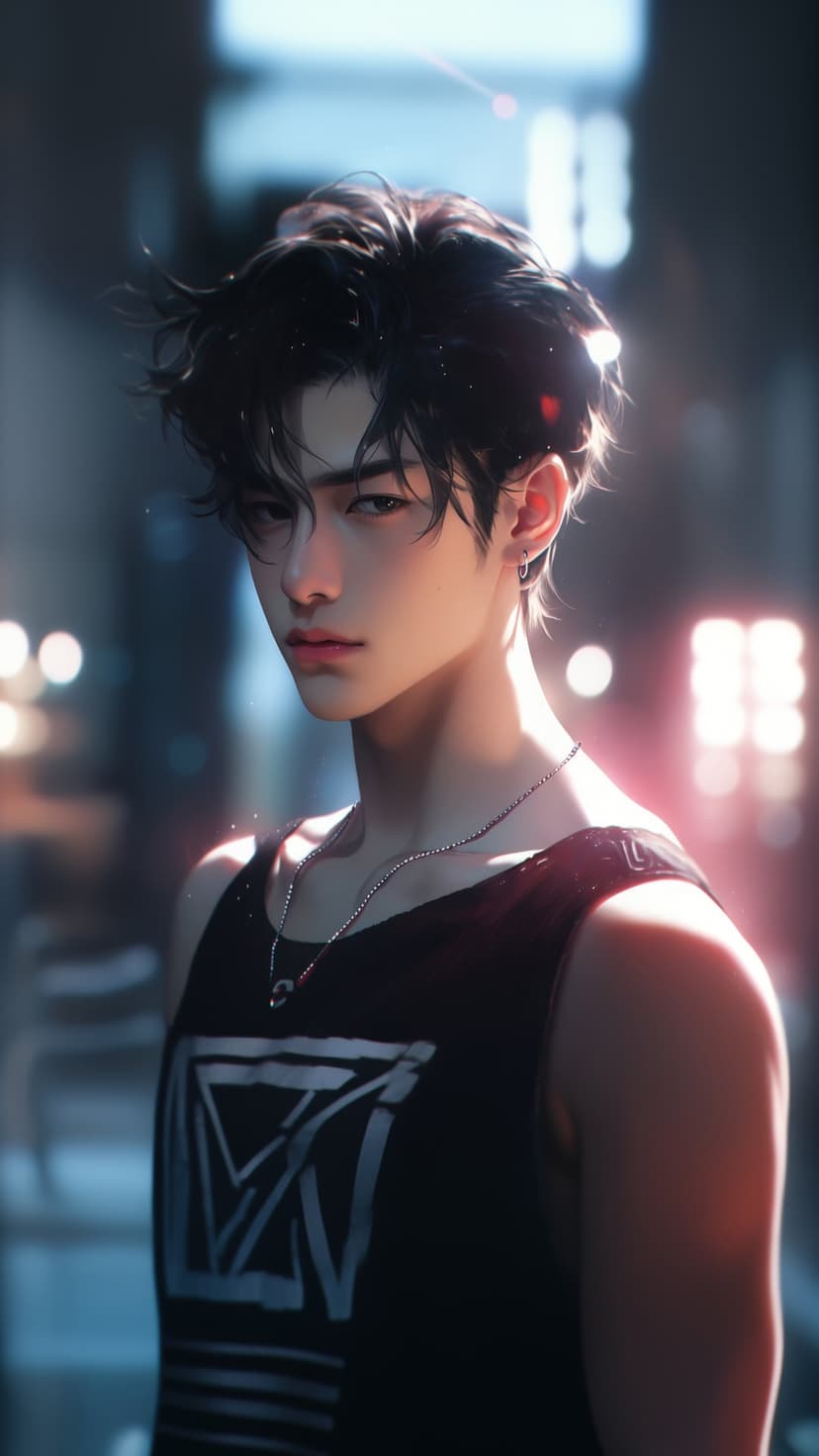Male character with messy black hair and a silver necklace wearing a tank top against blurred urban lights.