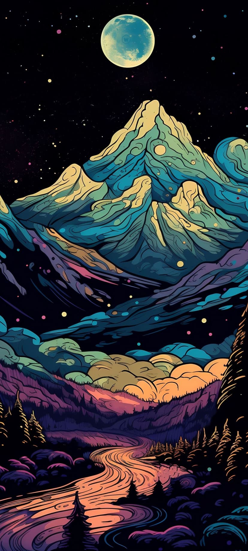 Stylized purple mountains with swirling patterns sit under a large white moon and star-filled night sky.
