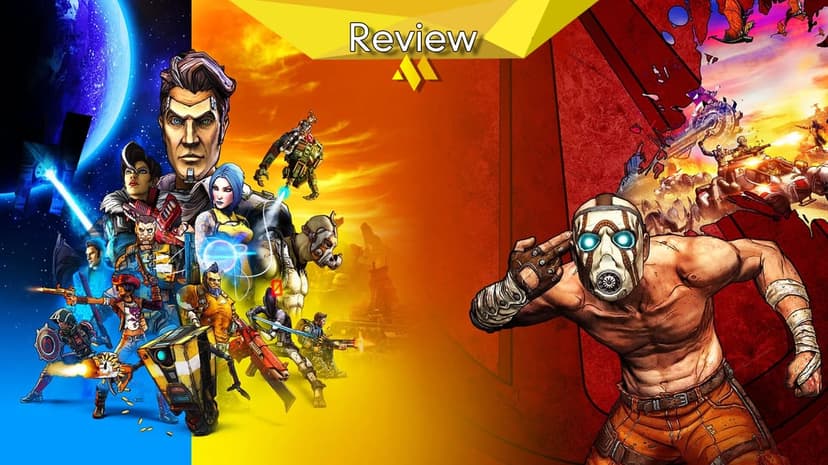 Action-packed collage of Borderlands characters, Vault Hunters, and a shirtless Psycho against a split-color background.