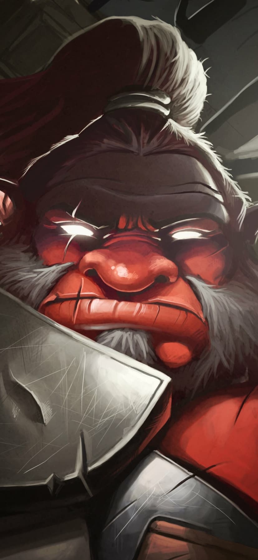 Red-skinned orc warrior with glowing white eyes and a scarred face holding a large scratched metal blade up close.