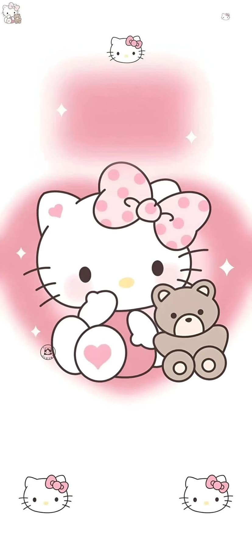 Hello Kitty sits next to a tiny brown teddy bear on a pastel pink background featuring sparkling light effects.