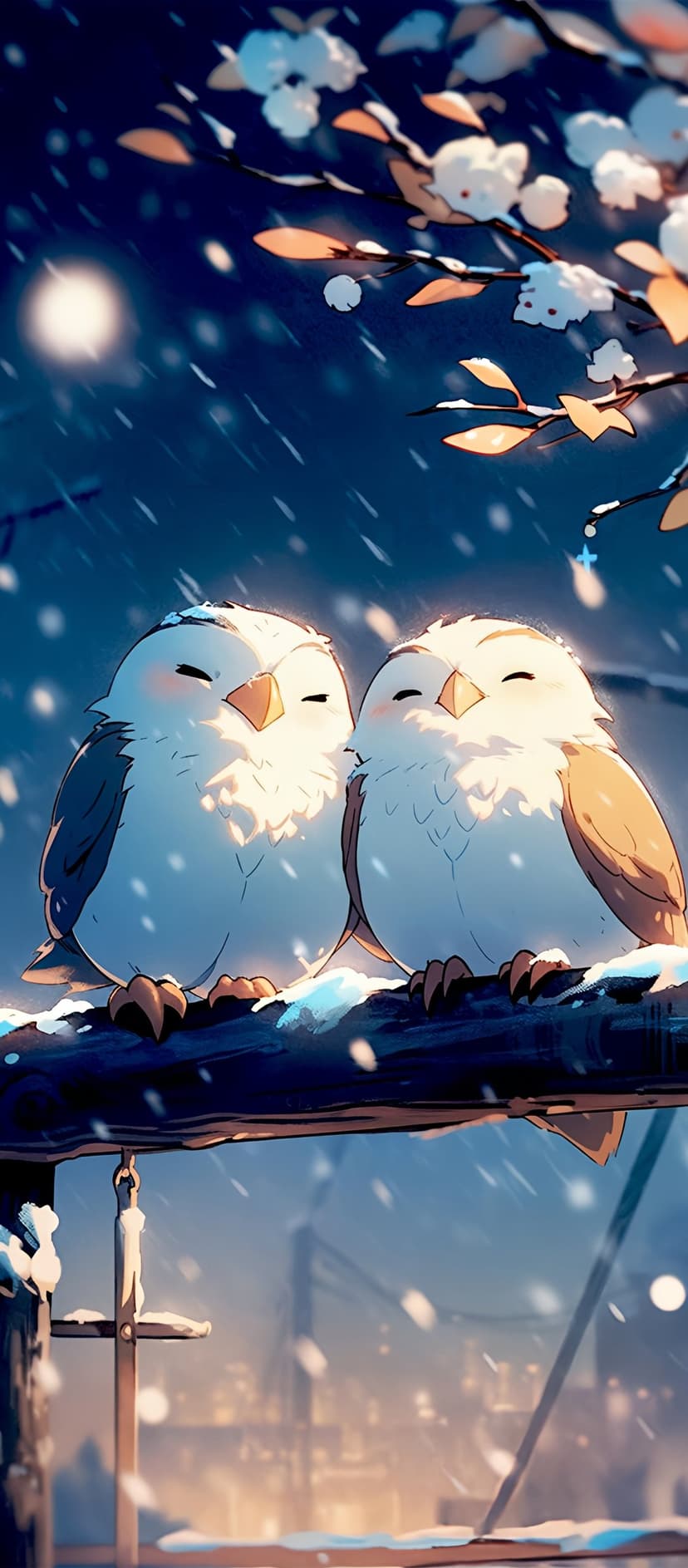 Two fluffy owls huddle together on a snow-laden branch beneath a large full moon and falling snowflakes at night.