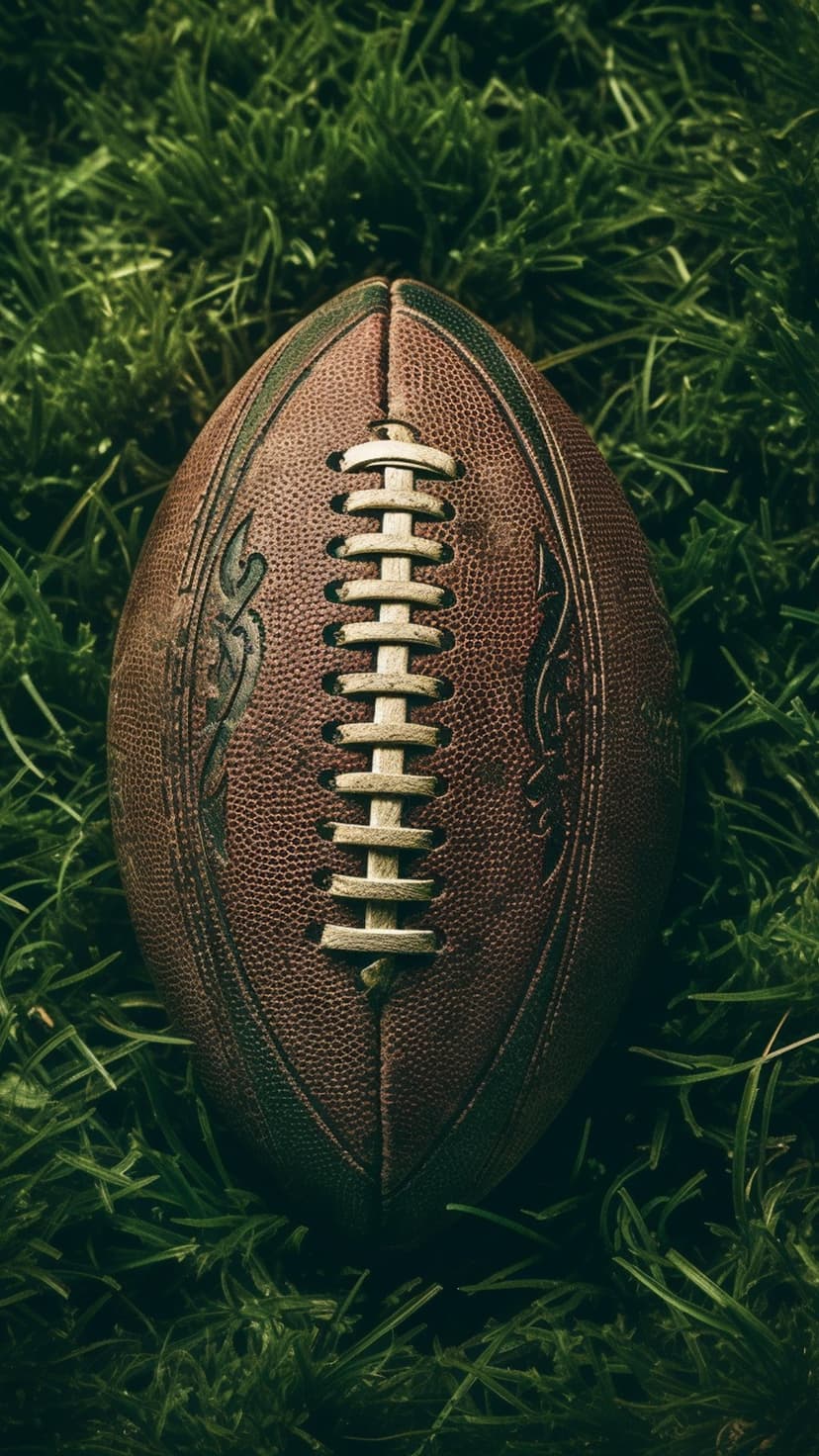 Vintage brown leather football with white laces sitting on detailed green grass blades in a macro close-up view.