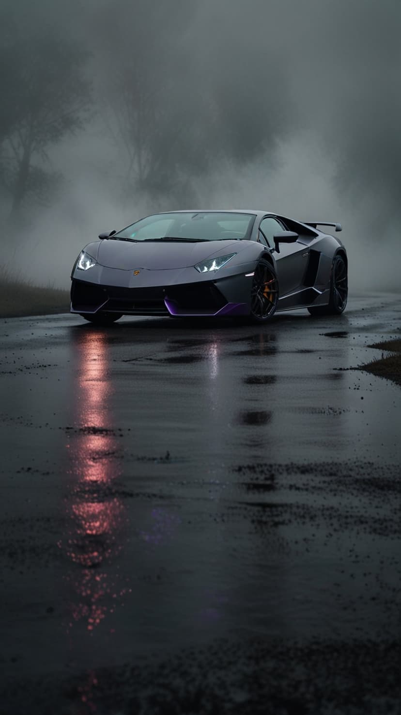 Purple Lamborghini Aventador on a wet foggy road with reflections on asphalt and misty background atmosphere.