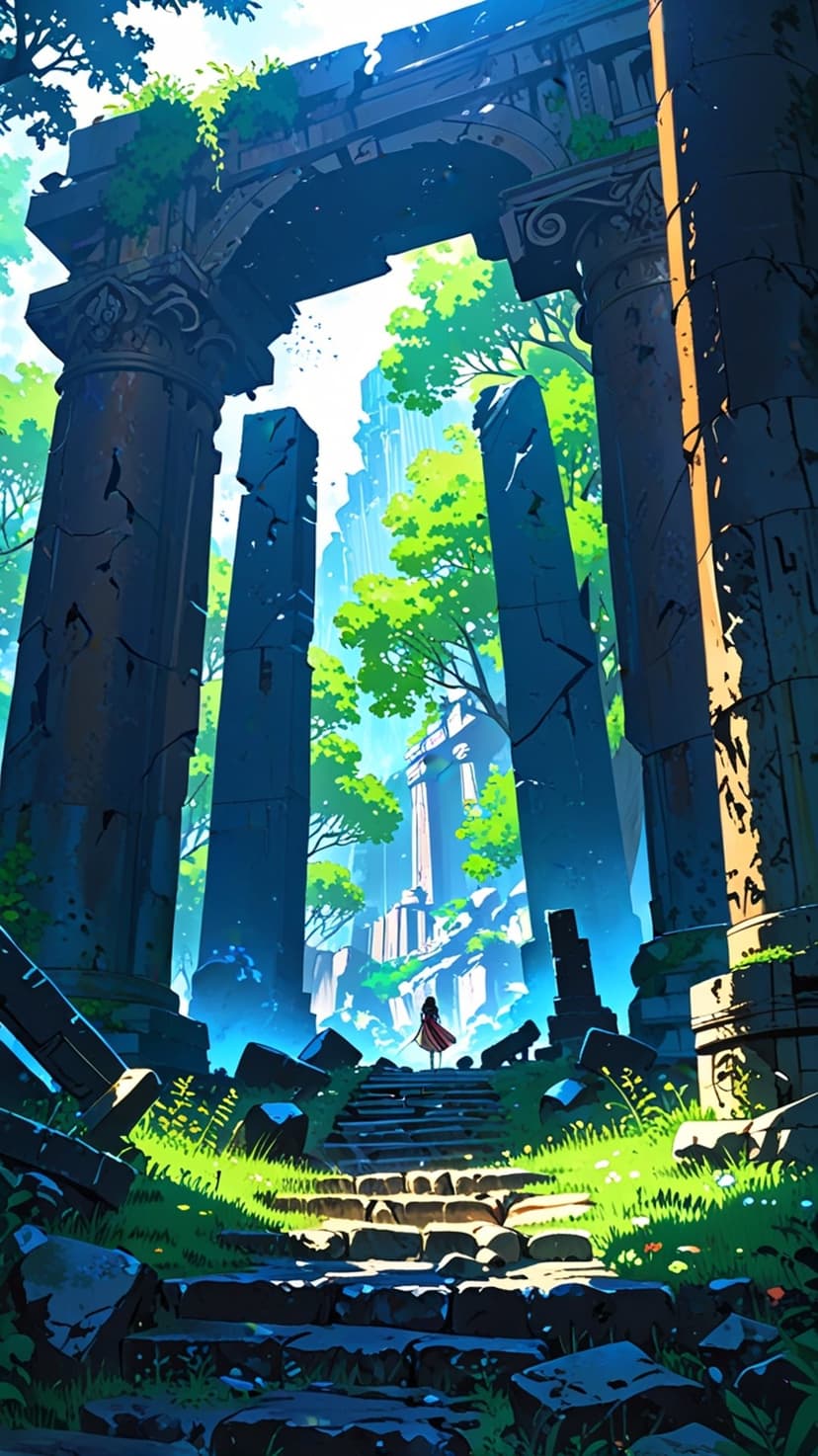 Woman in a red dress stands on stone stairs overlooking a sunlit jungle towards a distant glowing fantasy city.