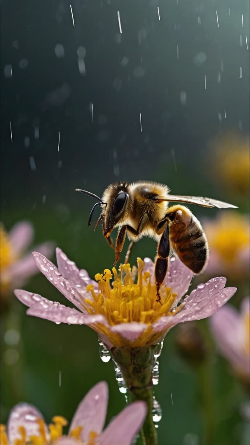 Honeybee with fuzzy yellow markings perching on the yellow center of a pink flower covered in water droplets.