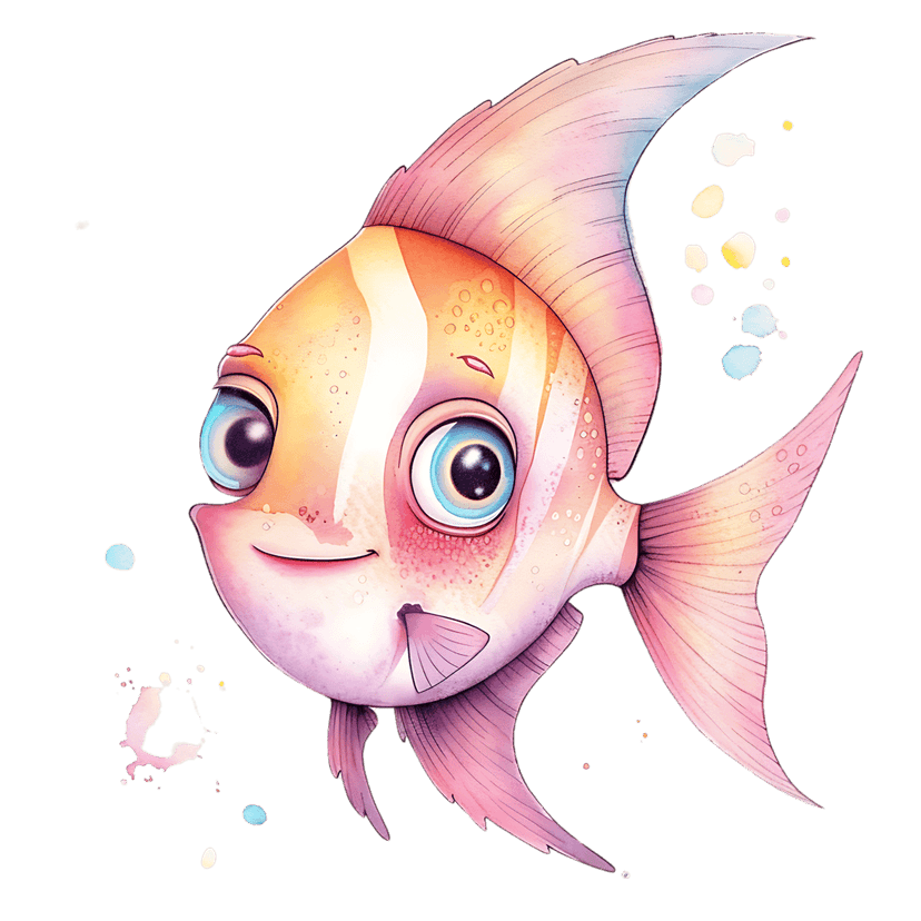 Angelfish illustration showing pink and orange stripes, large blue eyes, and colorful watercolor splashes.