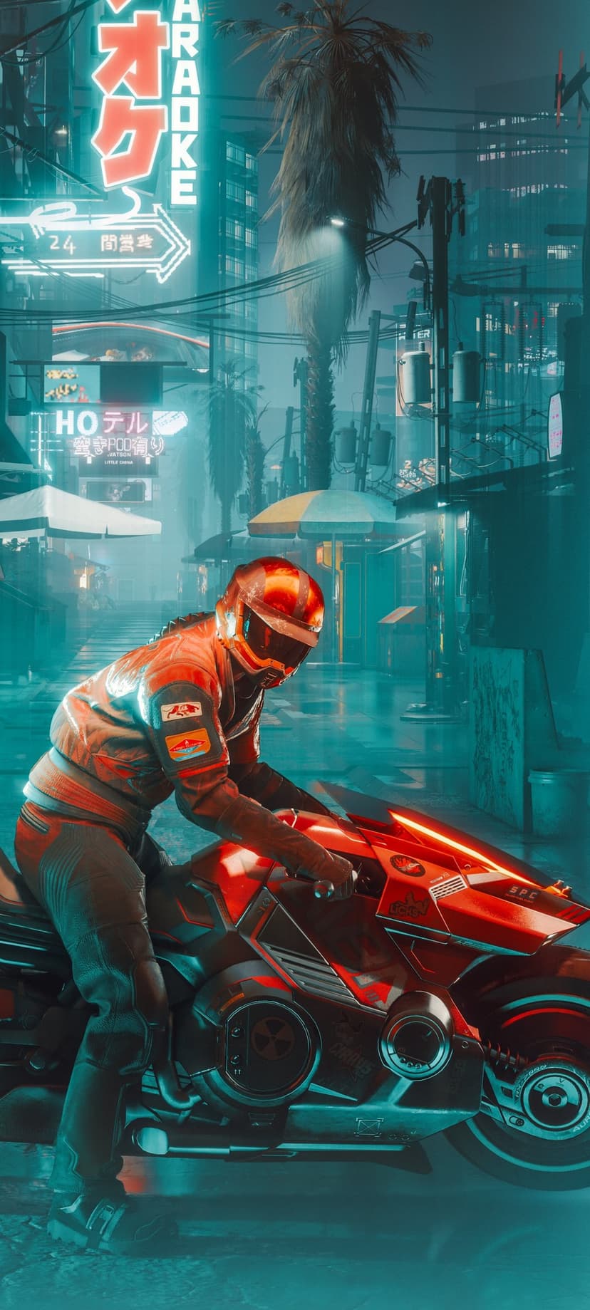 Futuristic biker on a red motorcycle travels down a rainy street under glowing neon signs and tropical palms.