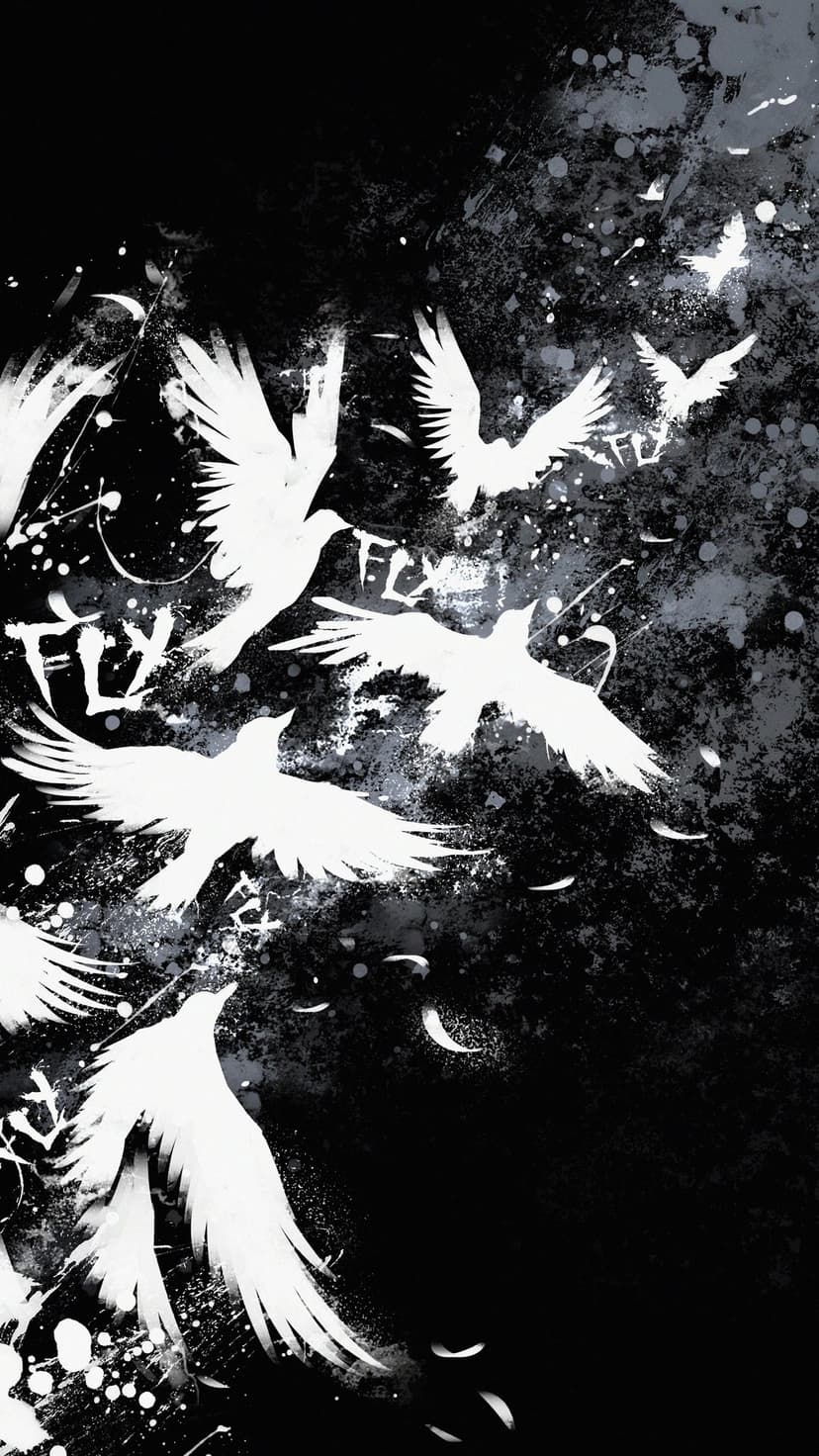 Stylized white birds fly across a black textured background featuring paint splatters and the text FLY.