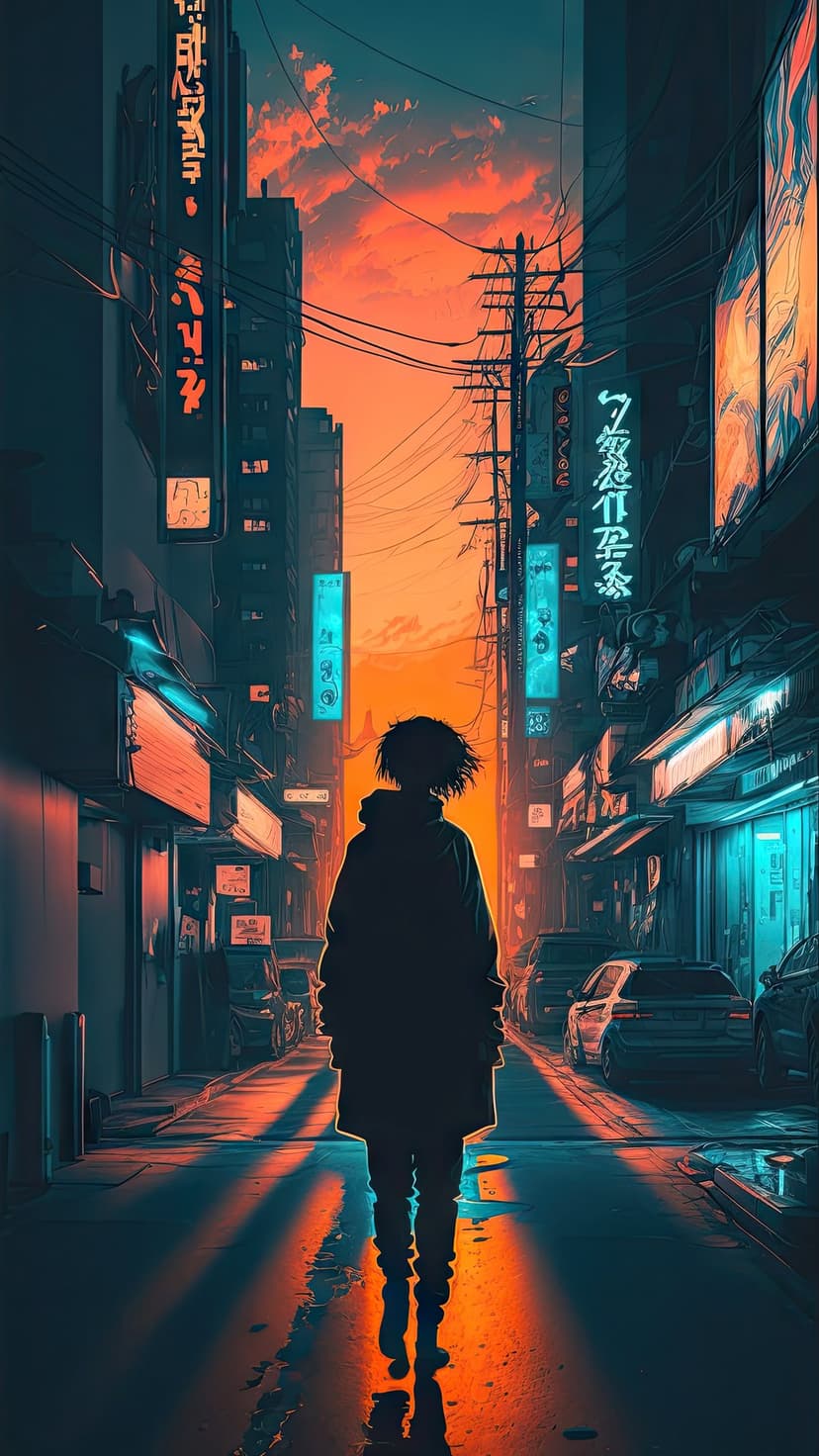 Solitary silhouette stands on a wet city street between glowing neon signs and a vibrant orange sunset sky.