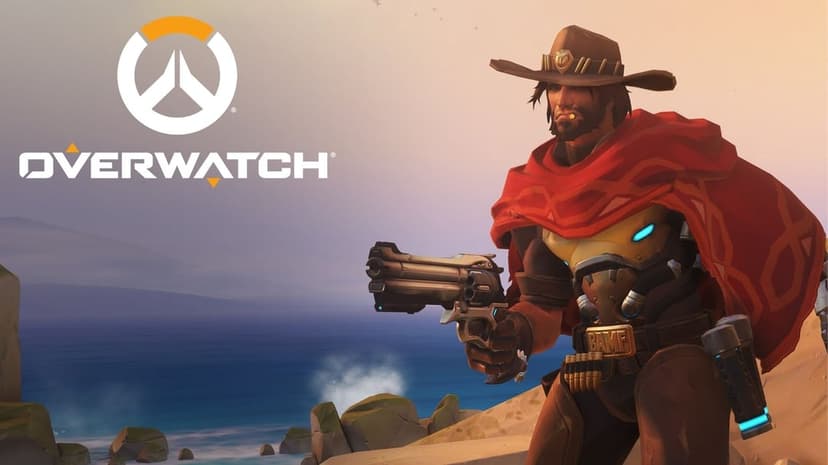 Cassidy from Overwatch holds a revolver on a coastal cliff at sunset with a red serape and cowboy hat.