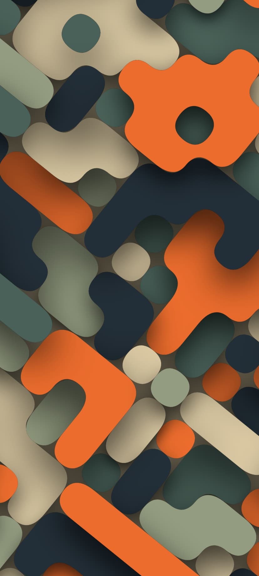 Overlapping rounded shapes in orange, navy, and green create a layered modernist pattern with visible depth.
