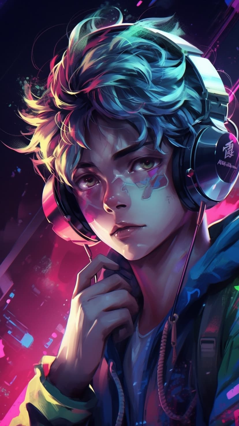 Young man with messy hair and glowing headphones stares forward amidst blue and pink neon light streaks.