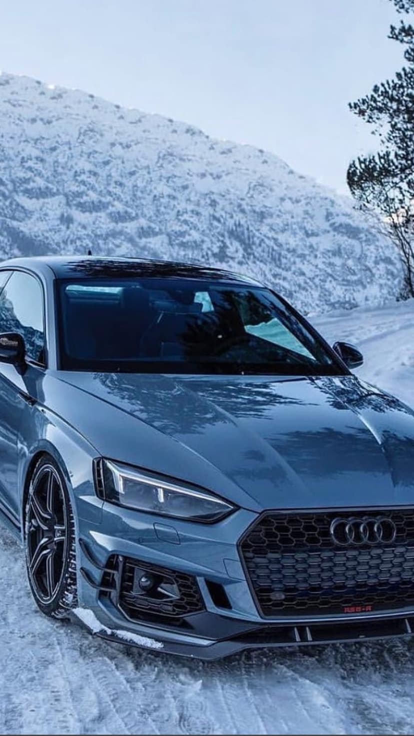Audi RS5 Coupe parked on a snow-covered mountain pass with jagged peaks under a soft, bright winter sky.