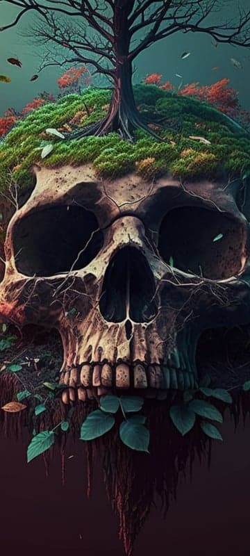 Skull overgrown with moss and tree, life from death