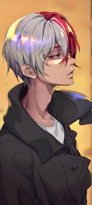 Anime boy with red and white hair, dark coat