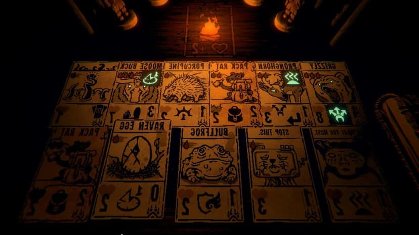 Hand-drawn animal cards with glowing green sigils arranged on a dark wooden table under firelight.