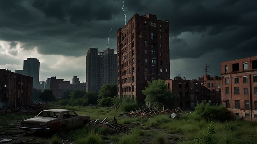 Lightning strikes illuminate a rusted car and crumbling brick buildings in a dark, overgrown ruined city.
