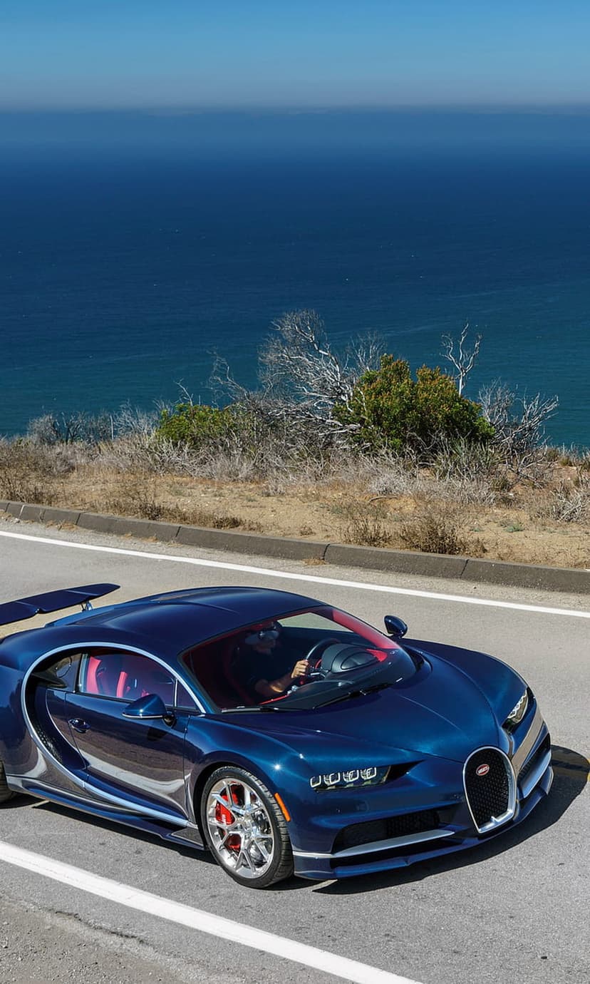 Blue Bugatti Chiron hypercar with red interior driving on a cliffside road overlooking a vast blue ocean.