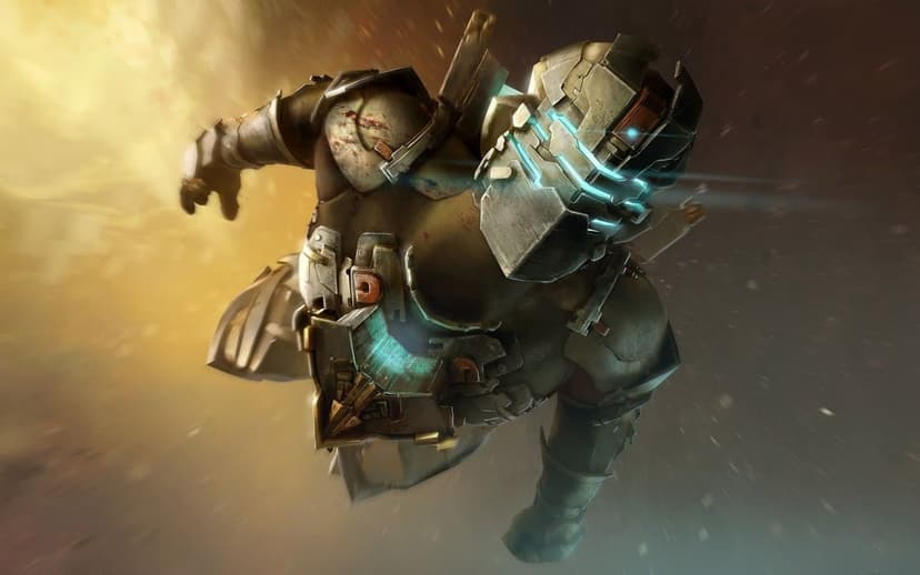 Isaac Clarke in a metallic engineering suit floating in space with glowing blue visor lights and amber glow.