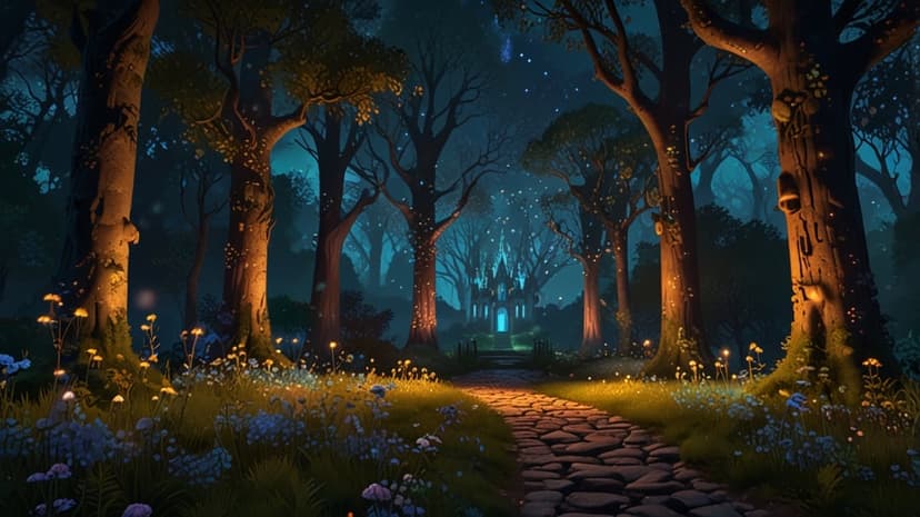 Winding stone path through a dark forest with glowing flowers and fireflies leading toward a luminous castle.