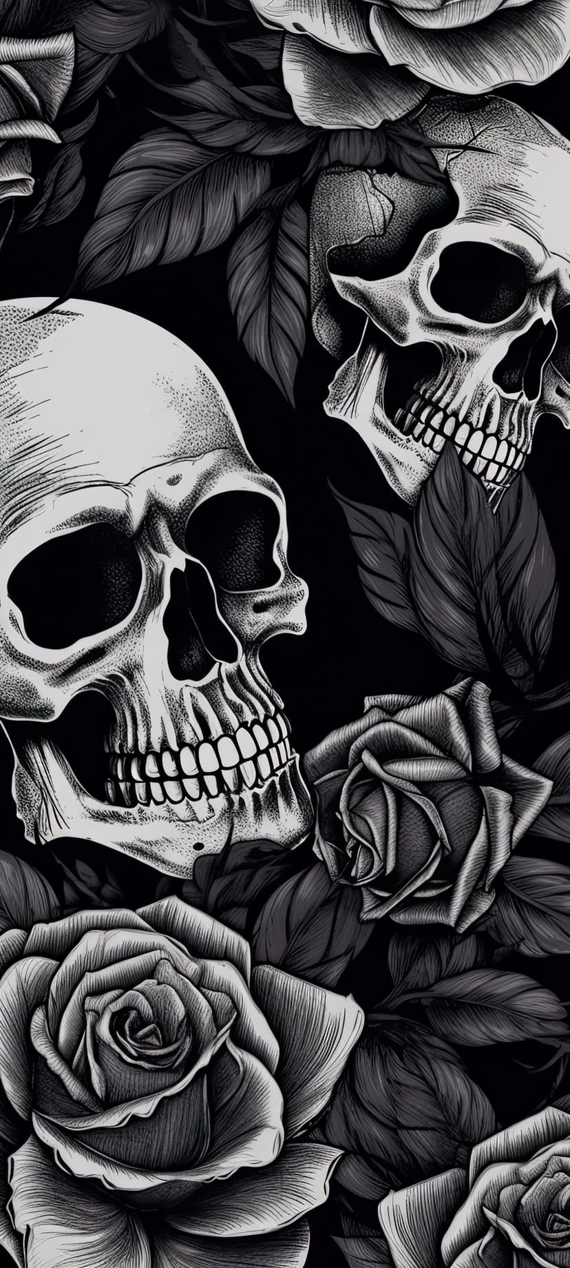 Ornate skulls intertwined with detailed rose blossoms and thorny vines in high-contrast black and white.