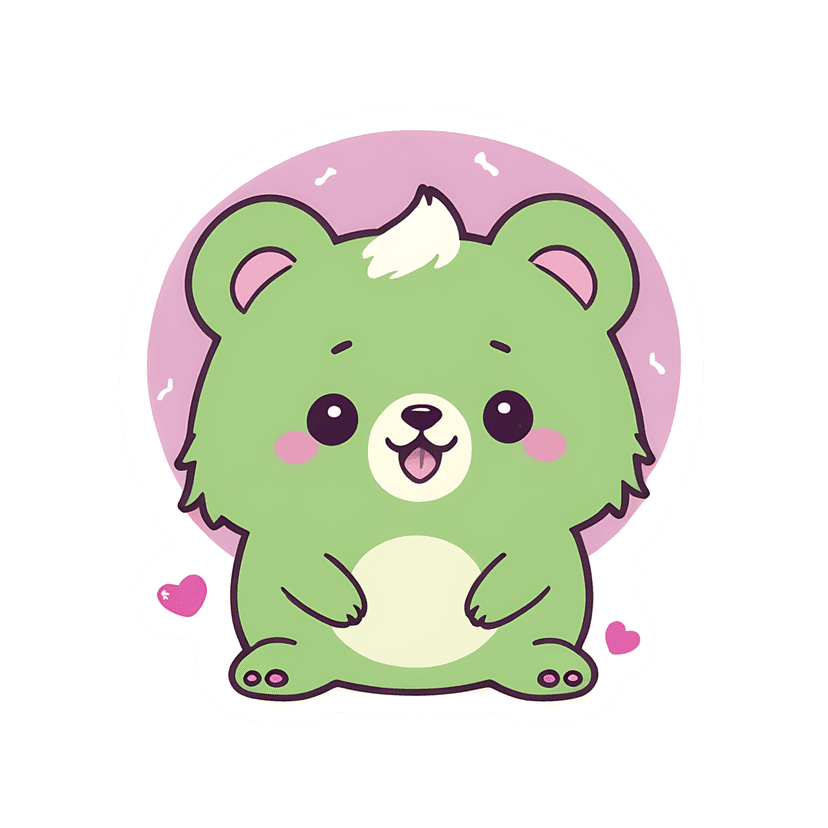 Light green bear sticker illustration featuring a pastel cartoon animal sitting on a pink circular backdrop.