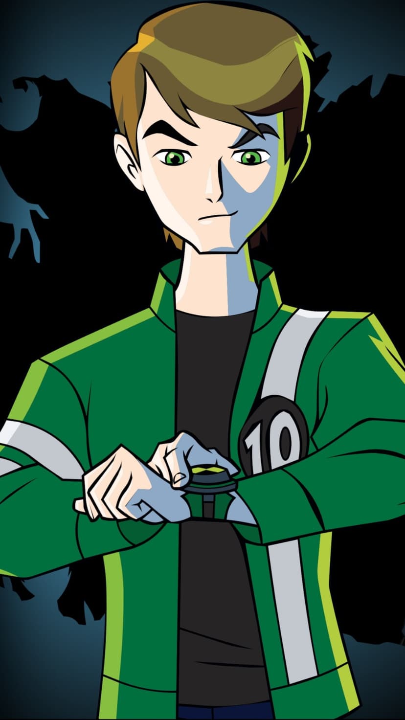 Ben Tennyson wearing a green jacket activates his glowing green watch while a dark shadow looms in the background.