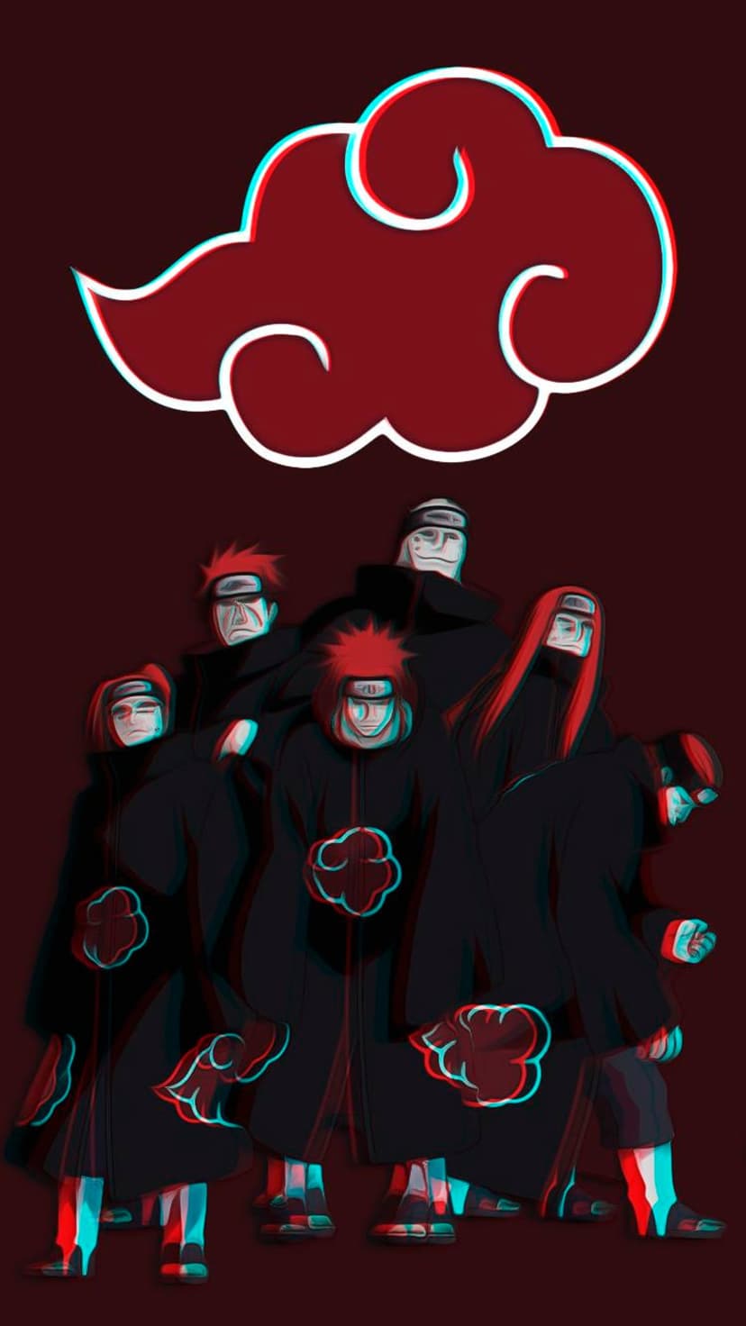 Akatsuki members stand beside a prominent red cloud symbol on a dark crimson background with a 3D depth effect.