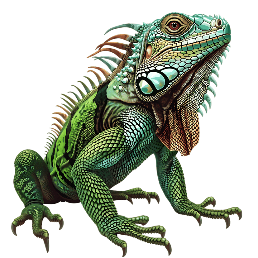 Detailed green iguana reptile scales showing vibrant yellow patterns, a red eye, and sharp claws on dark background.
