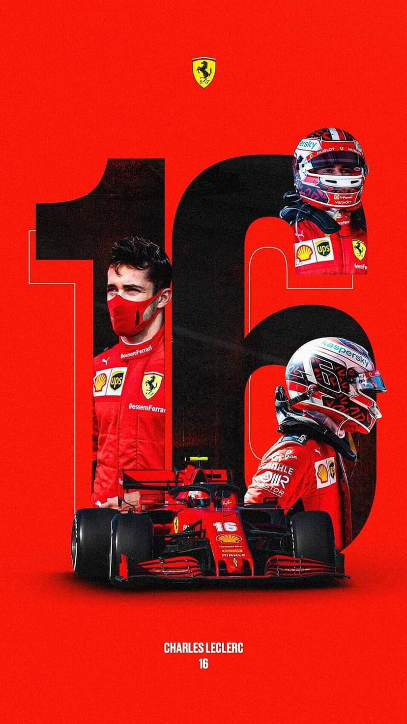 Charles Leclerc wearing a red racing suit poses with his Ferrari F1 car and large number sixteen graphic.