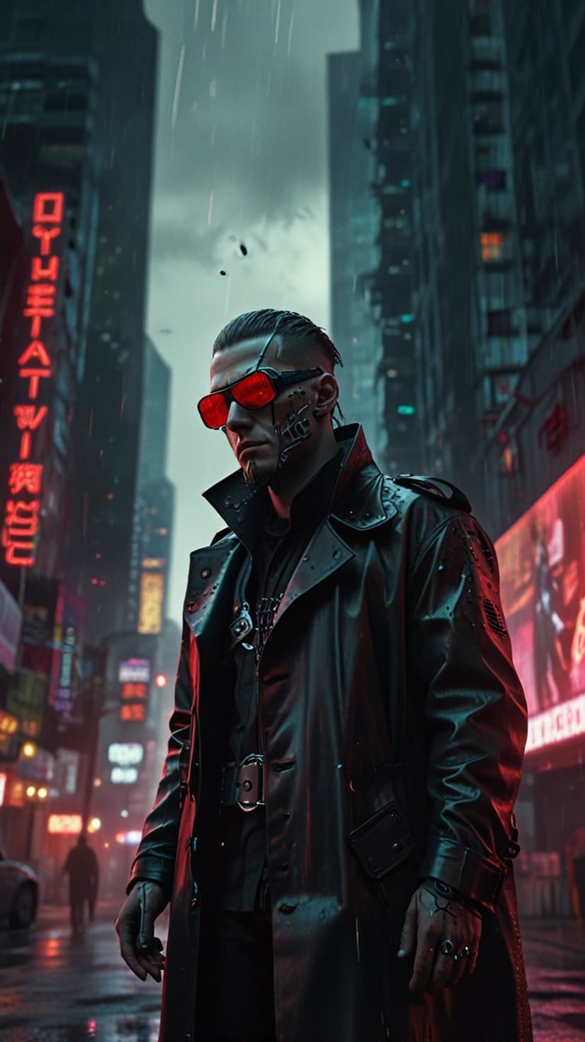Cyberpunk man with glowing red goggles stands on a rainy city street amidst neon-lit skyscrapers at night.