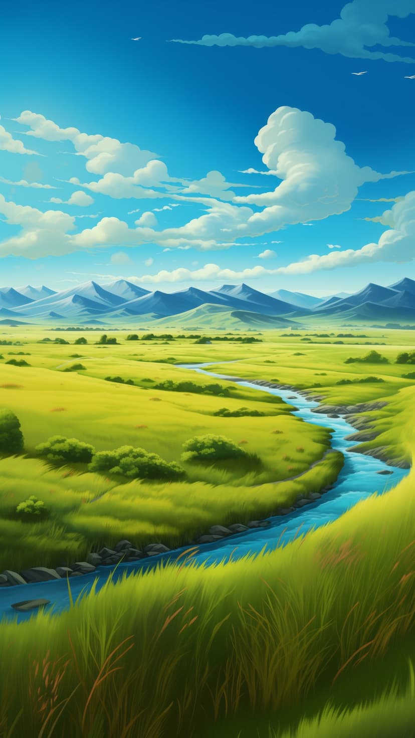 Clear river meandering through rolling green hills toward jagged blue peaks under a sky of white fluffy clouds.