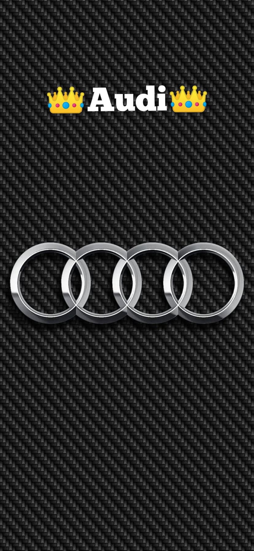 Silver Audi rings and text flanked by two ornate golden crowns on a dark woven carbon fiber background texture.