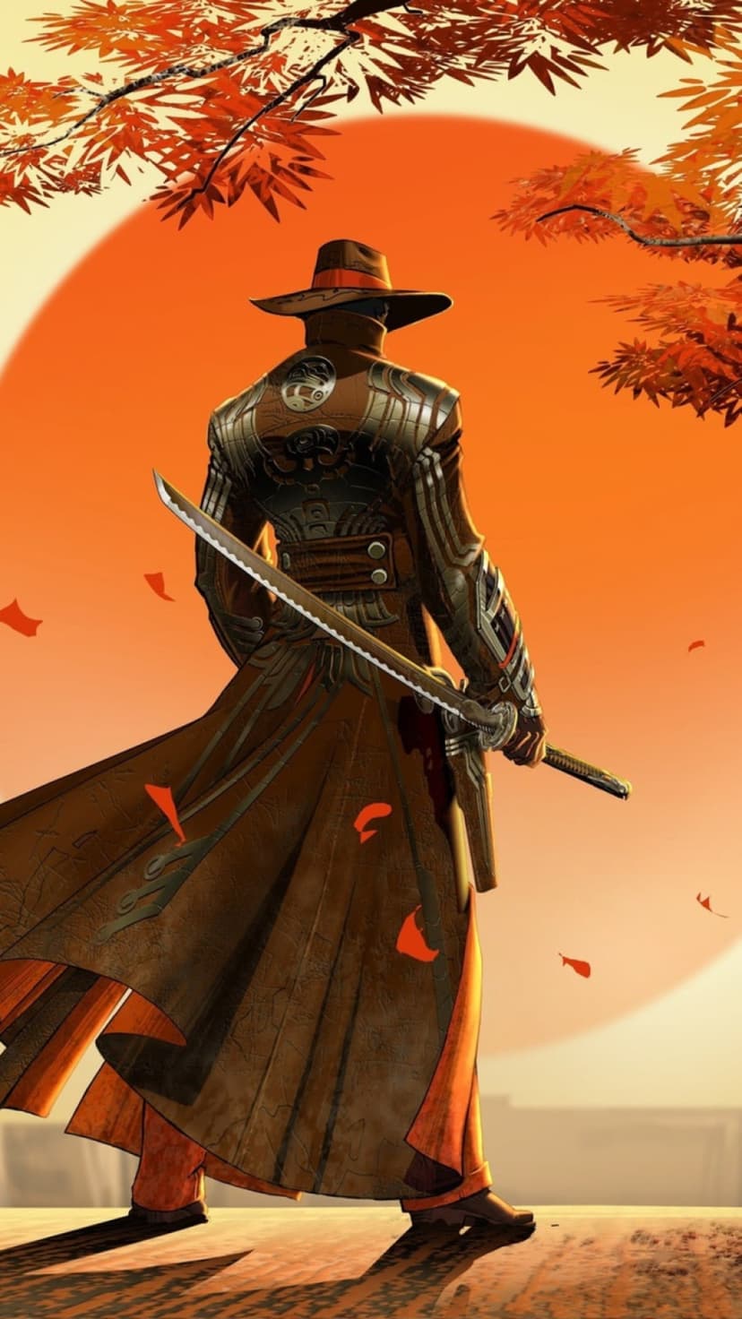 Samurai warrior in a straw hat holds a katana under a massive orange sun with falling red autumn leaves.