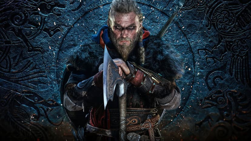 Viking warrior with face paint holding a large engraved axe against a circular stone relief with embers.