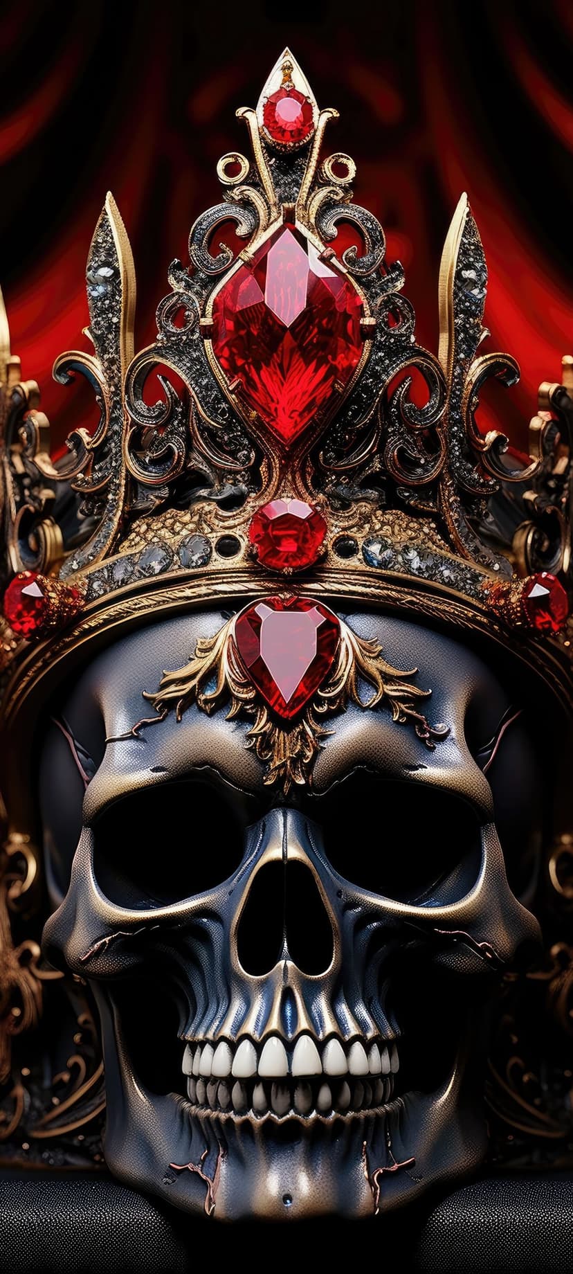 Metallic skull wearing a detailed gold crown with large red rubies set against a dark, shadowy background.