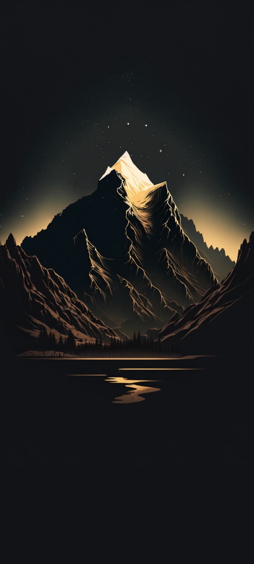 Snow-capped mountain peak reflecting in a calm lake under a starry night sky with silhouetted evergreen trees.