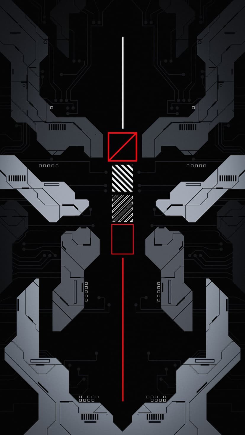 Intricate grey circuitry and red geometric shapes align vertically on a dark sci-fi digital interface background.