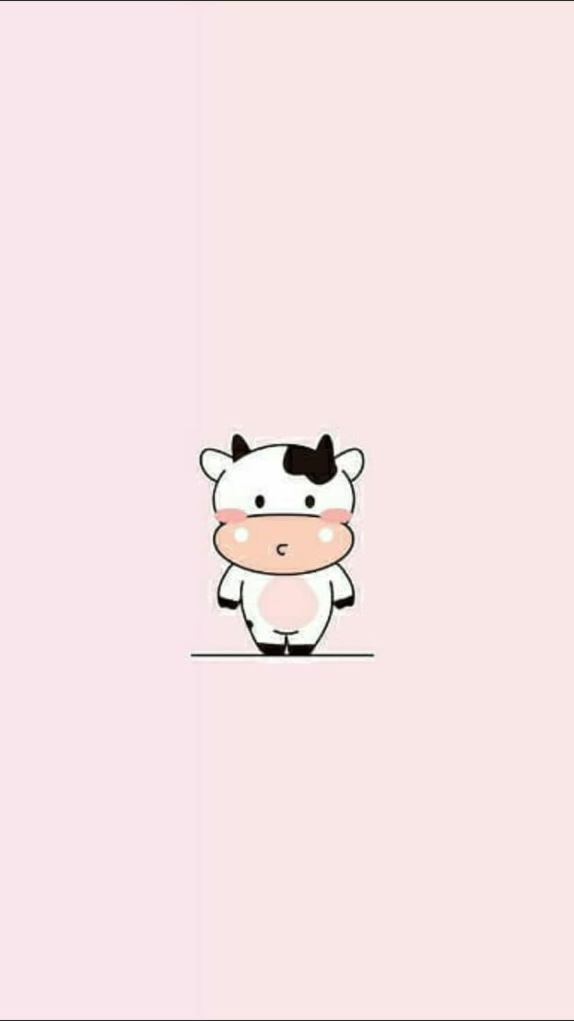 Minimalist cartoon cow with small horns and a sweet expression sits centered on a solid pastel pink background.
