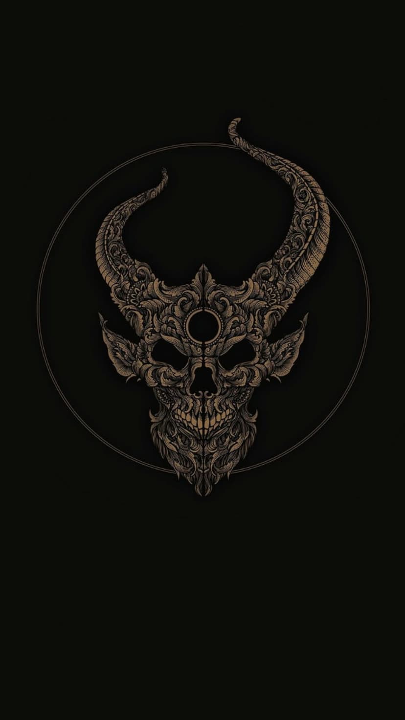 Horned demonic skull with sharp teeth and floral decorations centered in a circle against a dark background.