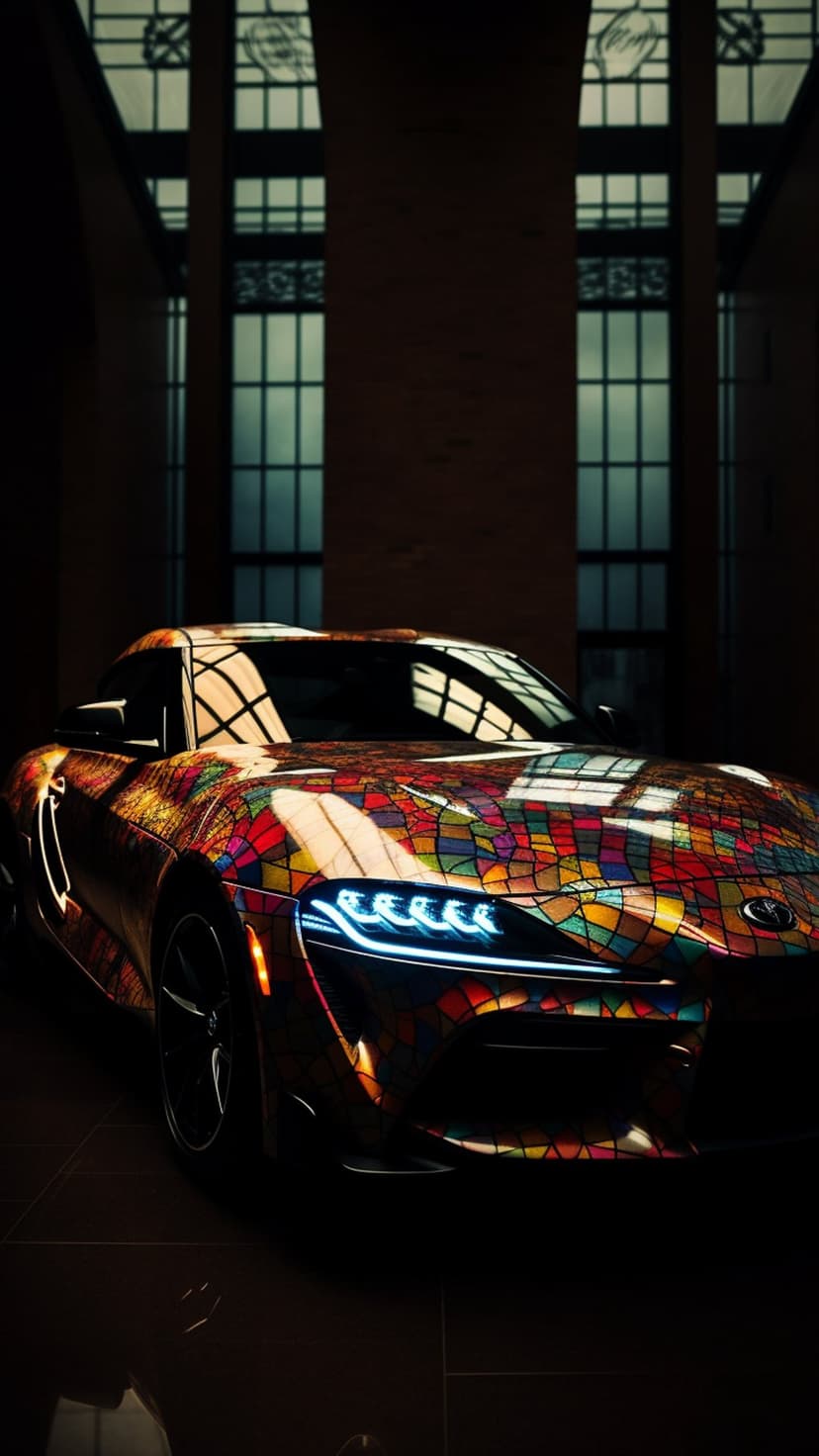 Toyota Supra with a colorful stained-glass wrap parked near geometric windows with glowing headlights on.