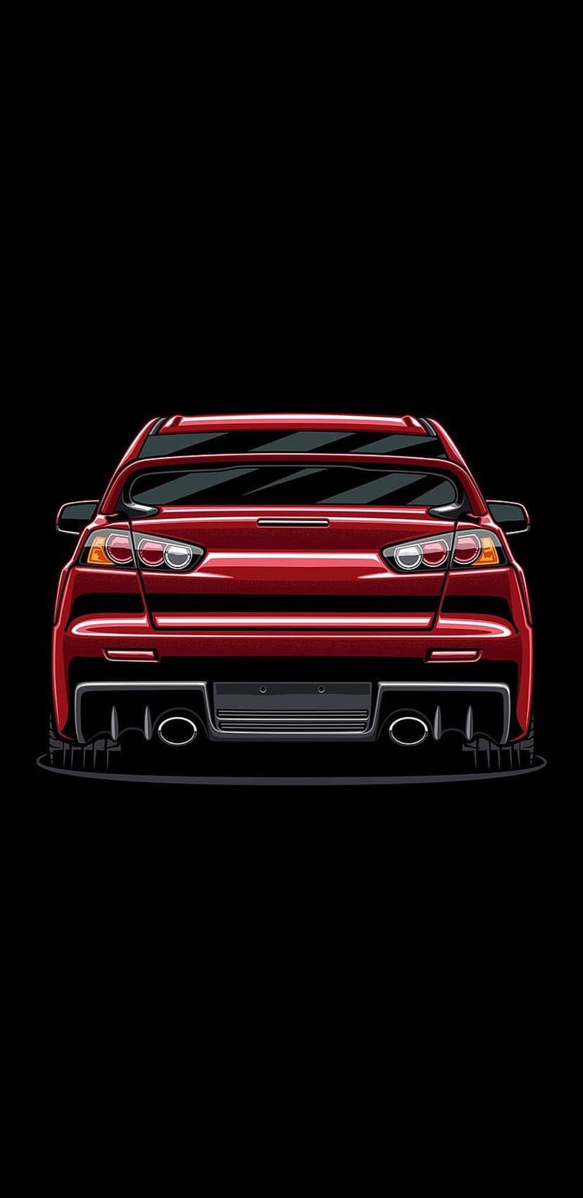 Red sports car rear view with glowing LED taillights, dual exhaust pipes, and a large spoiler on black background.