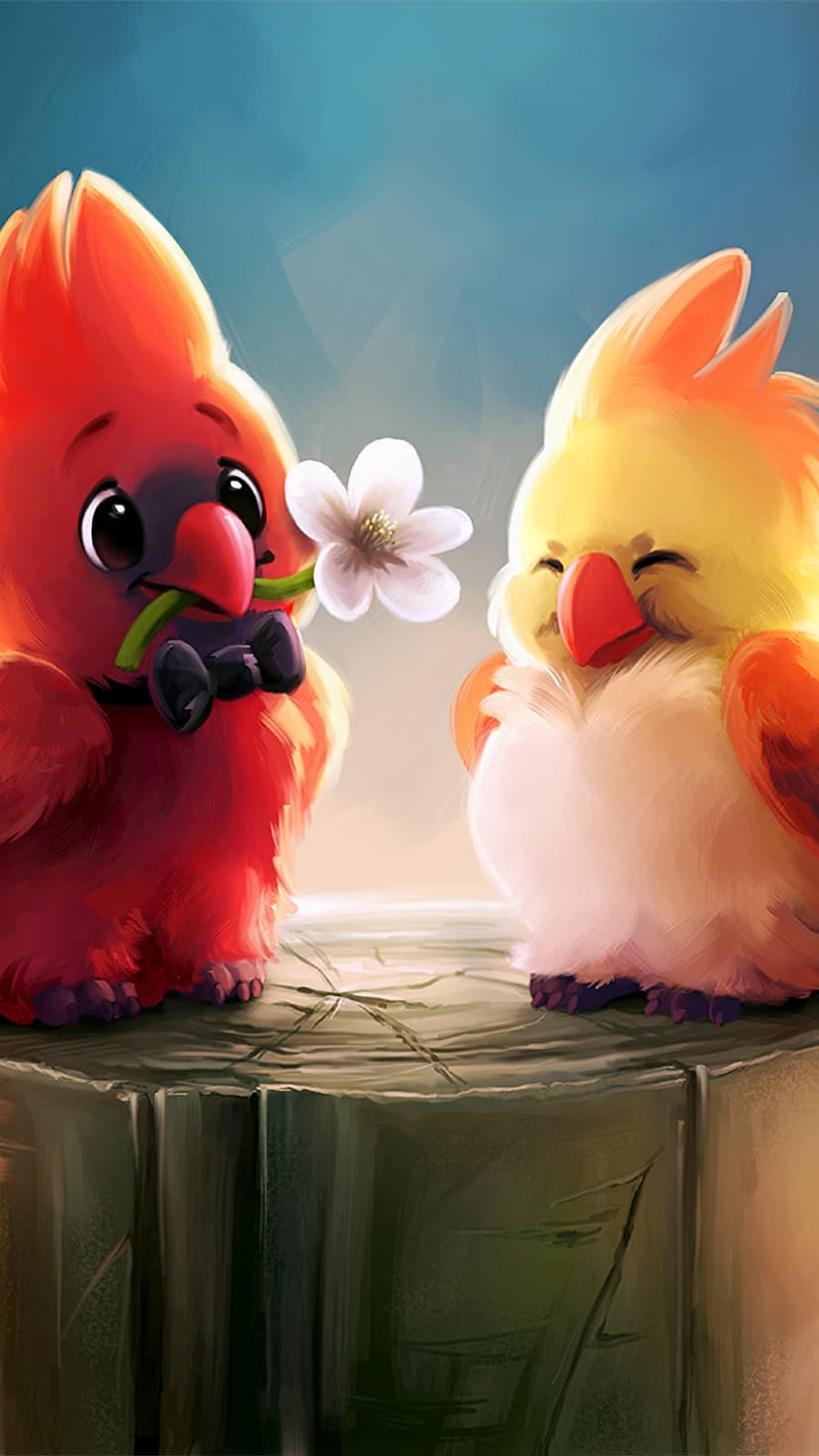 Red bird with a black bow tie holds a white flower next to a smiling yellow bird on a rustic wood surface.